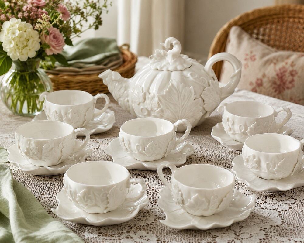 Grace’s Teaware White Leaf Vine Porcelain Tea Set Teapot 7 Cups Saucers